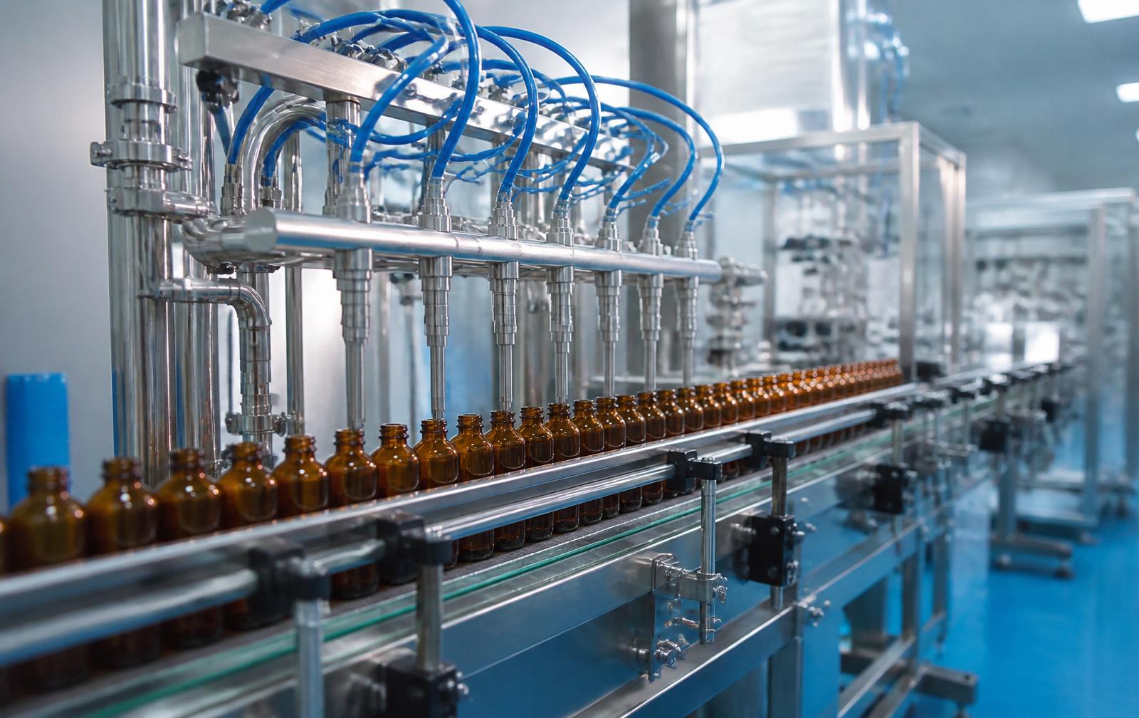 Linha de envase farmacêutico alimentada por ar comprimido tratado