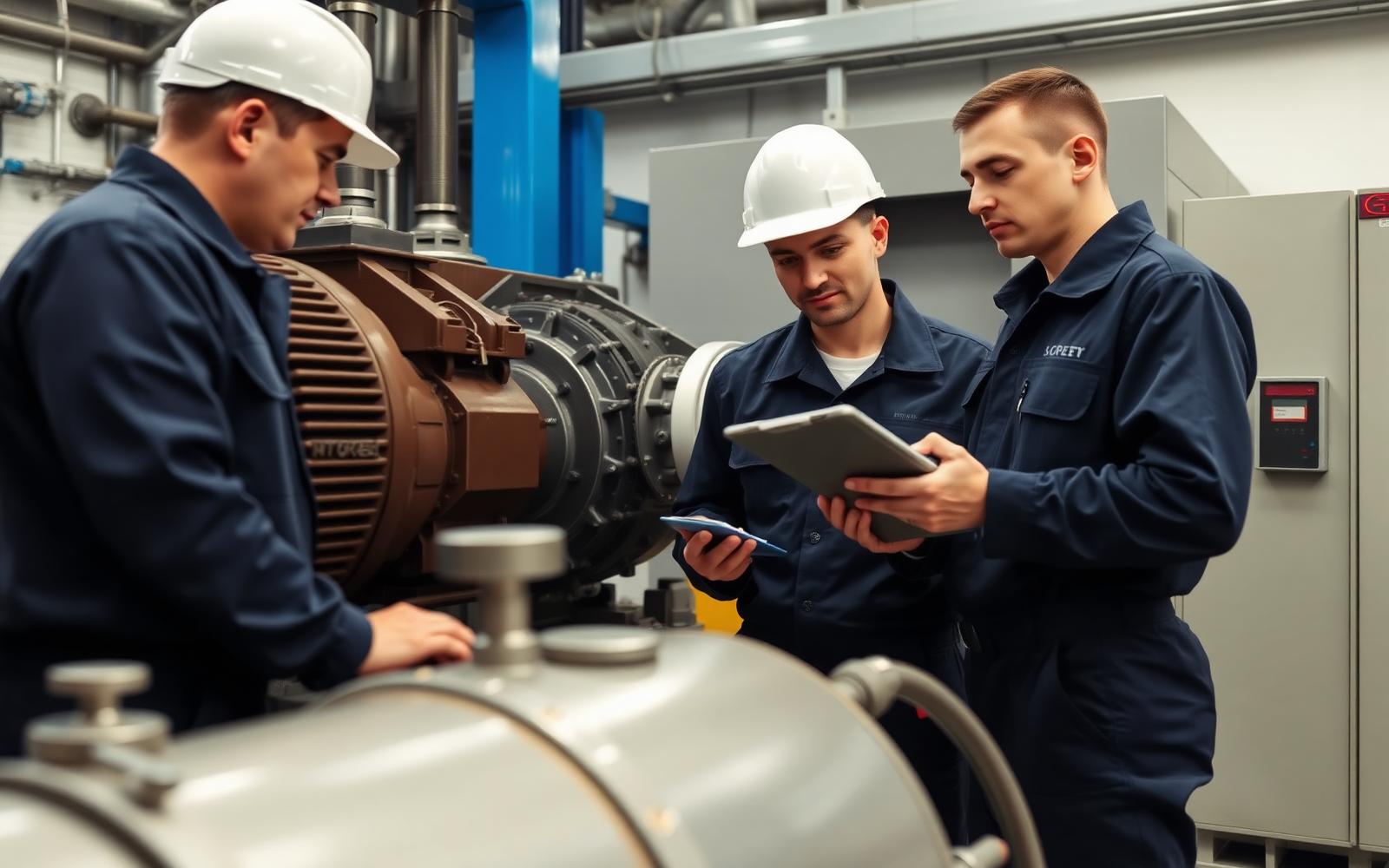 Engenheiros da Scuderia inspecionando um compressor de parafuso em sala técnica